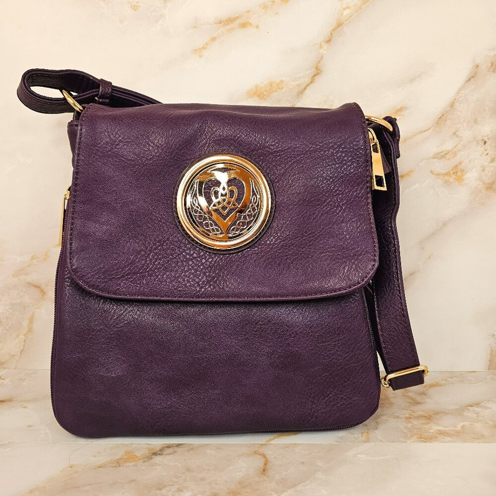 Expandable Purple Shoulder Bag with Gold Accents